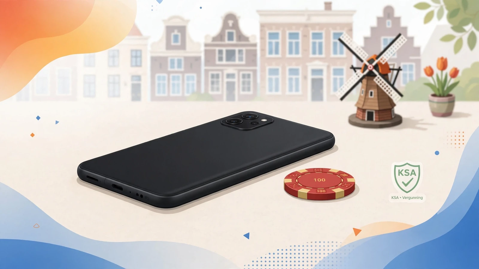Android-telefoon met casino-chip en KSA-vergunningschild voor legale Nederlandse casino-apps
