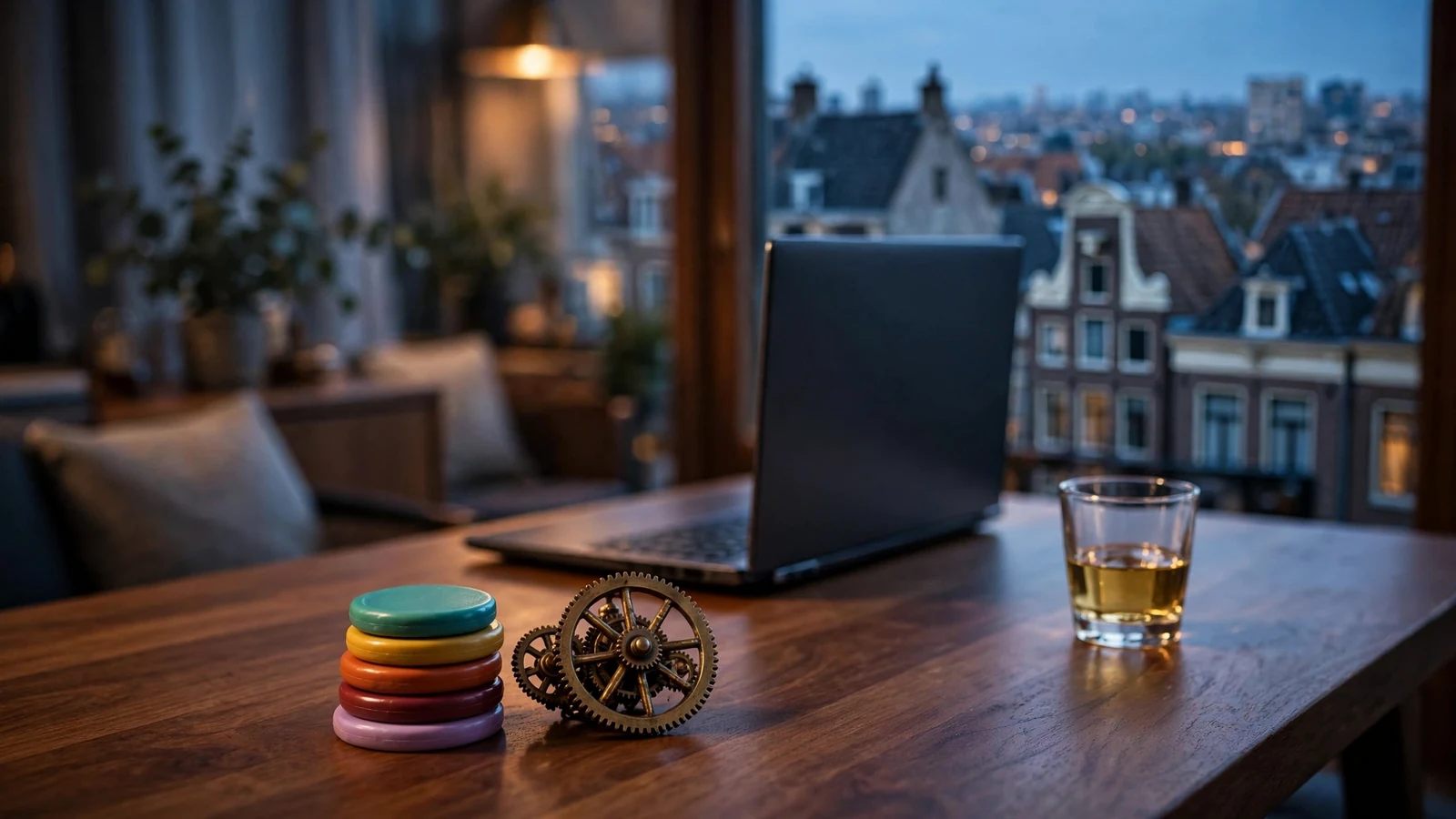 Casino chips en roulette op tafel met laptop in een Nederlands appartement