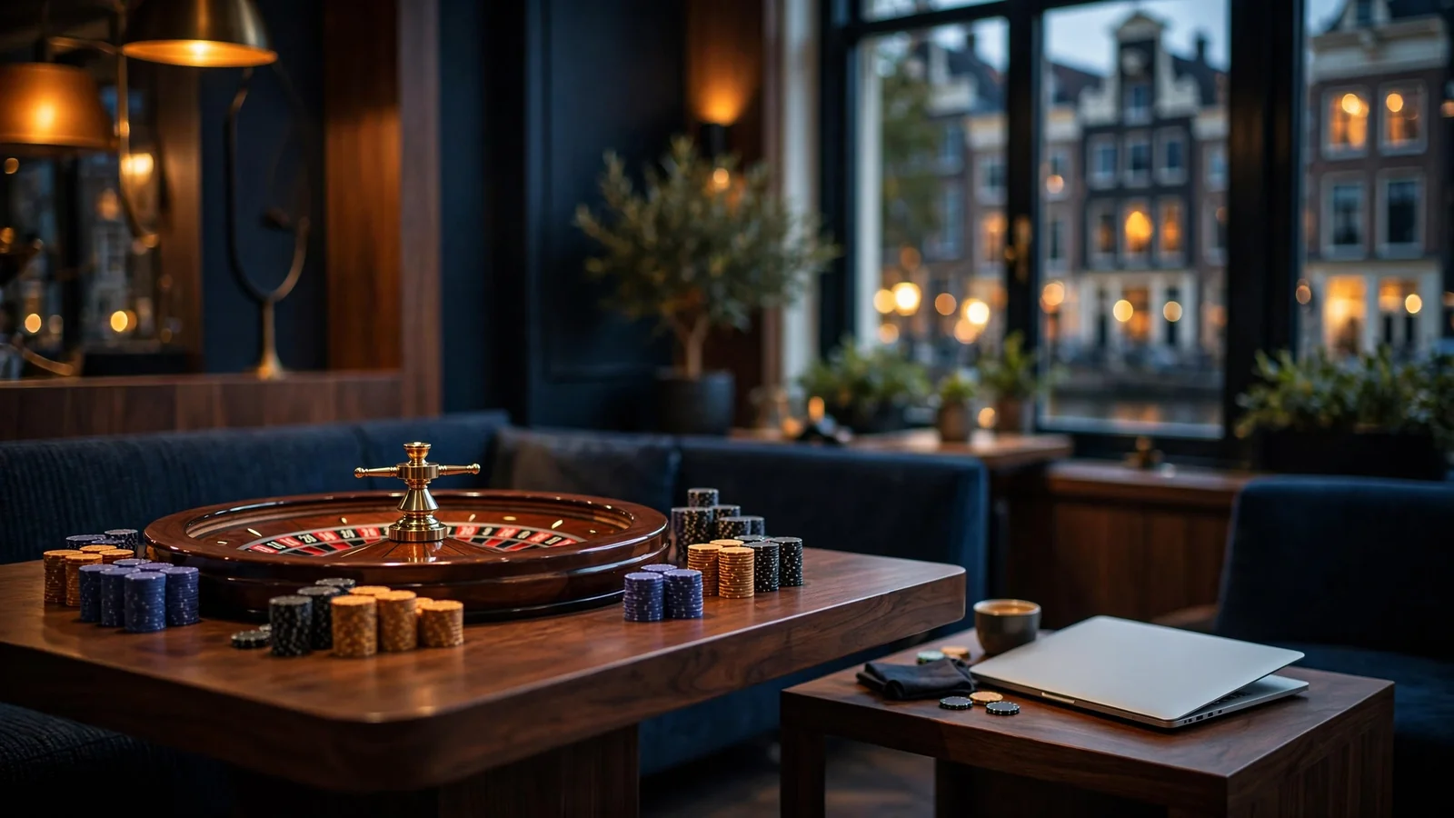 Sfeervolle casino lounge in Nederlandse stijl met roulette en fiches