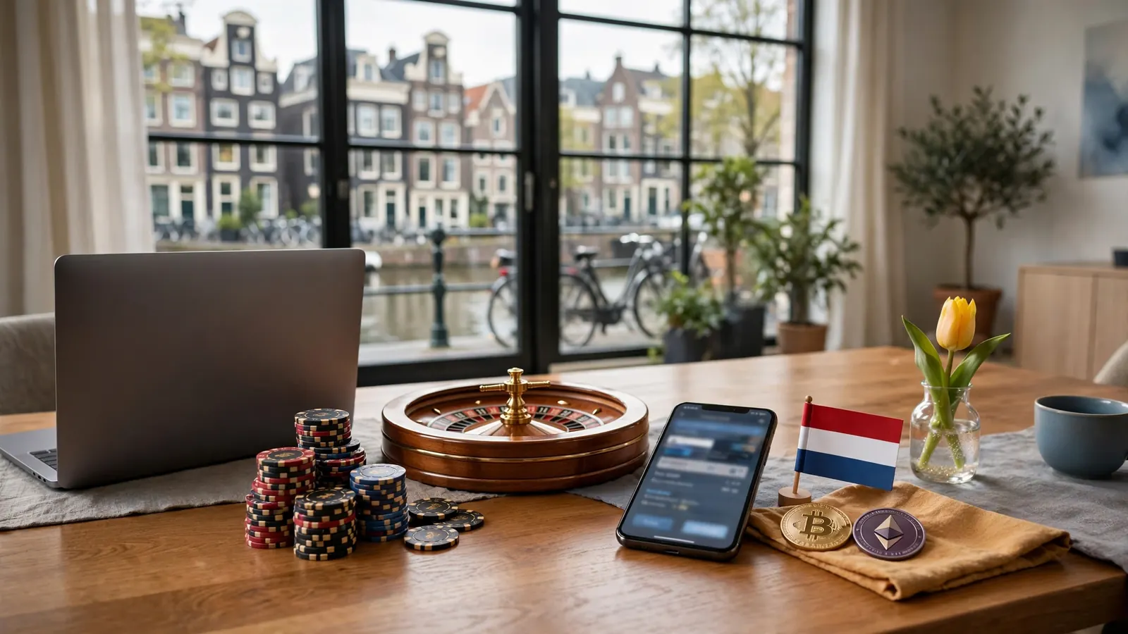Nederlands interieur met crypto-munten, fiches en roulette op tafel