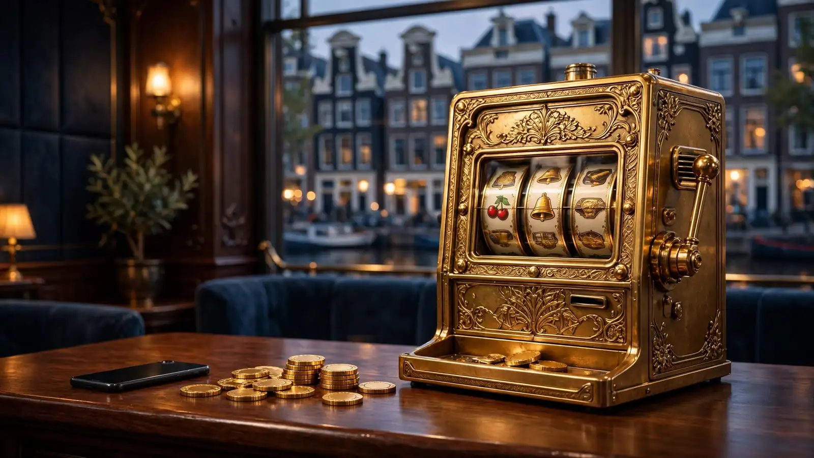 Klassieke gouden gokkast in sfeervolle lounge met Amsterdamse grachtenpanden op de achtergrond