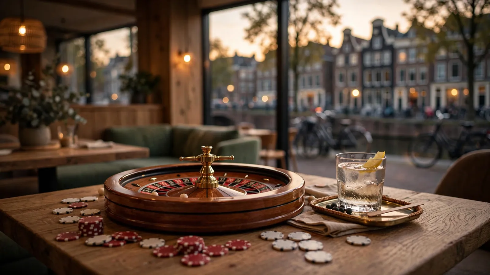 Houten tafel met roulettewiel en fiches in een Nederlands café