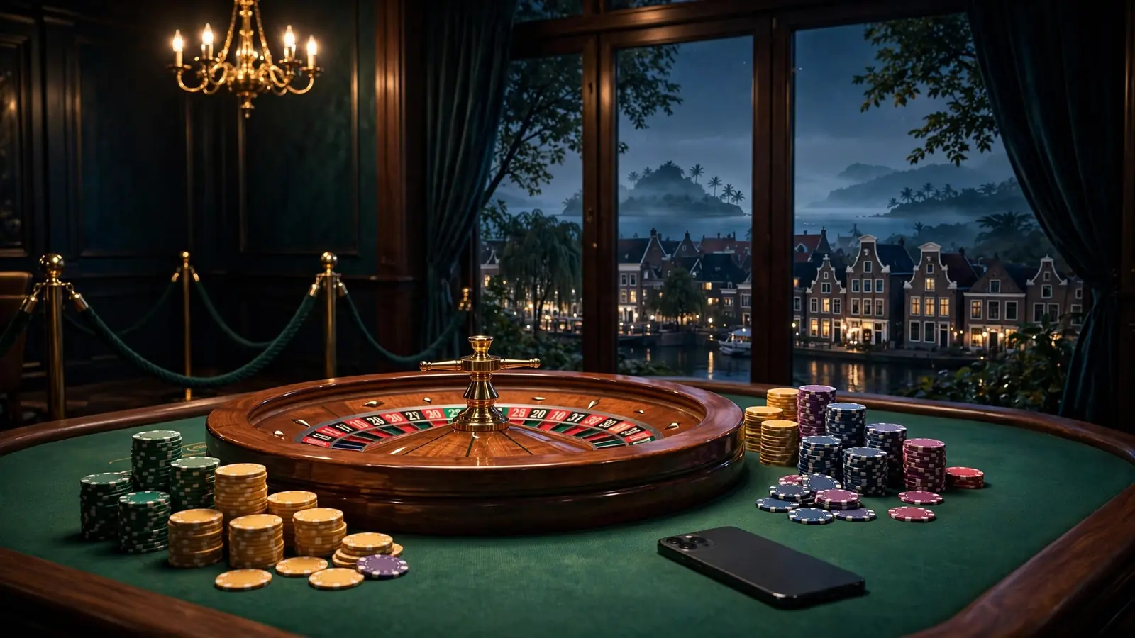 Stijlvolle casino-sfeer met roulettewiel en chips, verwijzend naar Anjouan.