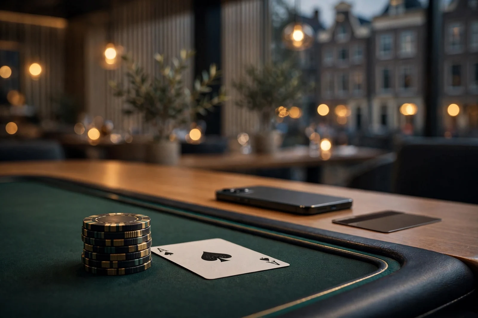 Casinochips en kaart op groene speeltafel met telefoon en creditcard