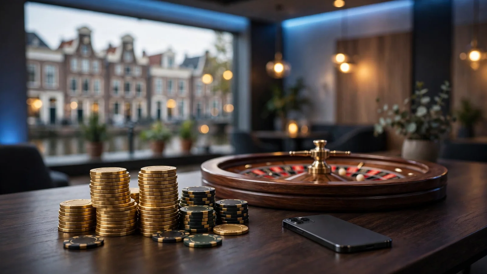 Casino tafel met roulette, chips en smartphone in sfeervol licht.
