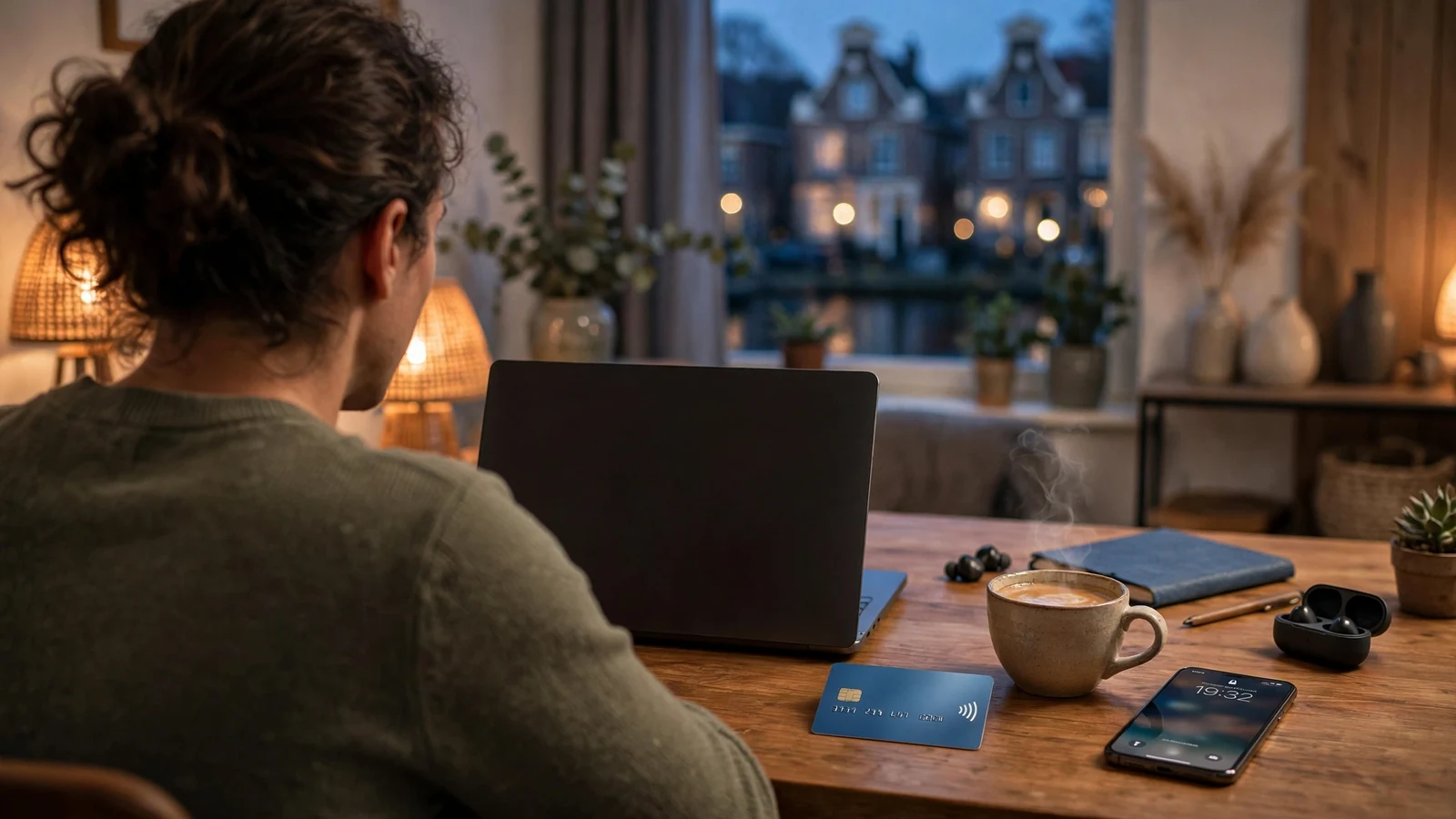Persoon aan bureau met laptop en bankkaart, avond in Nederlands interieur