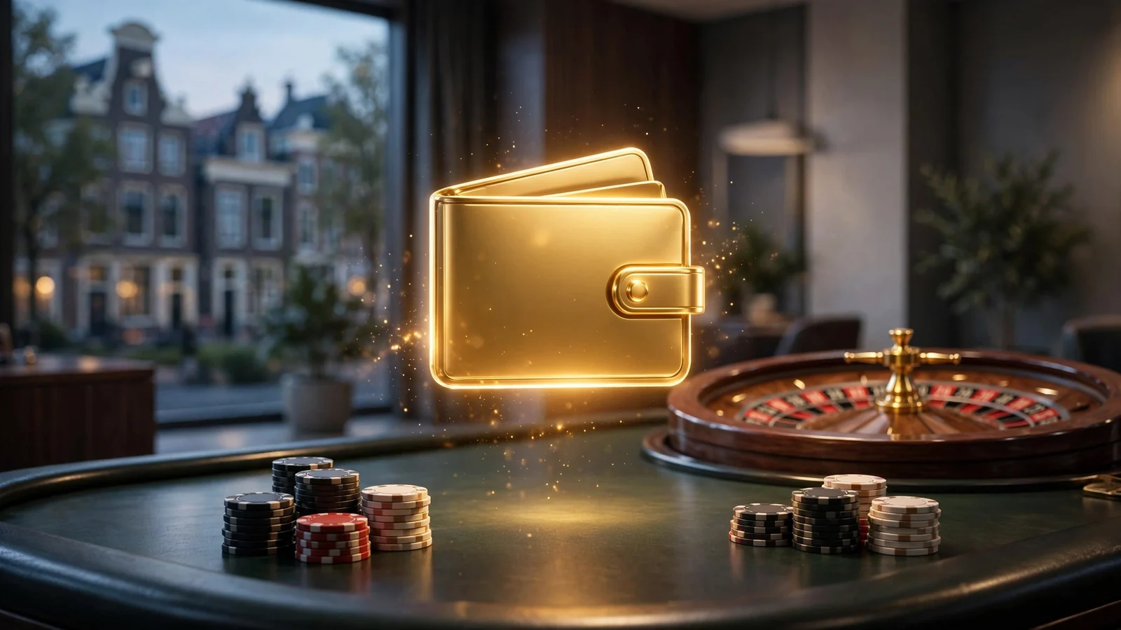 Gouden portemonnee-icoon boven casinotafel met fiches