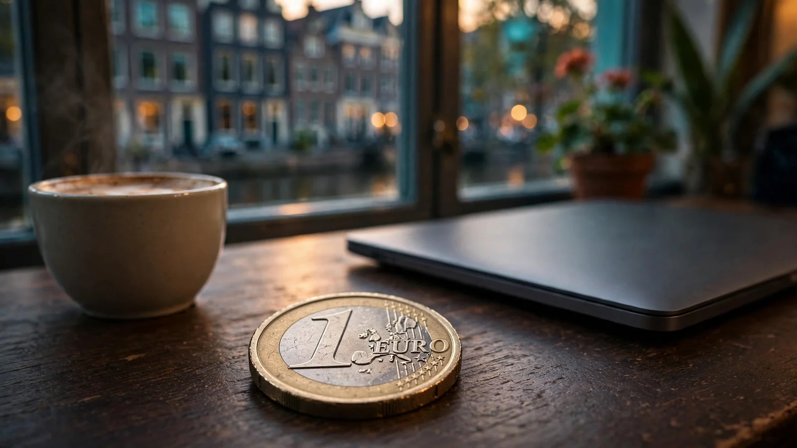 Eén euromunt op tafel naast gesloten laptop in een Nederlands interieur.
