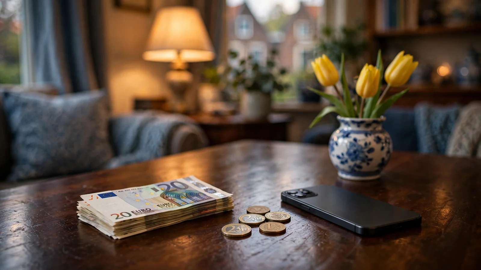 Stapel eurobiljetten en munten naast een smartphone op een tafel, Nederlandse sfeer.