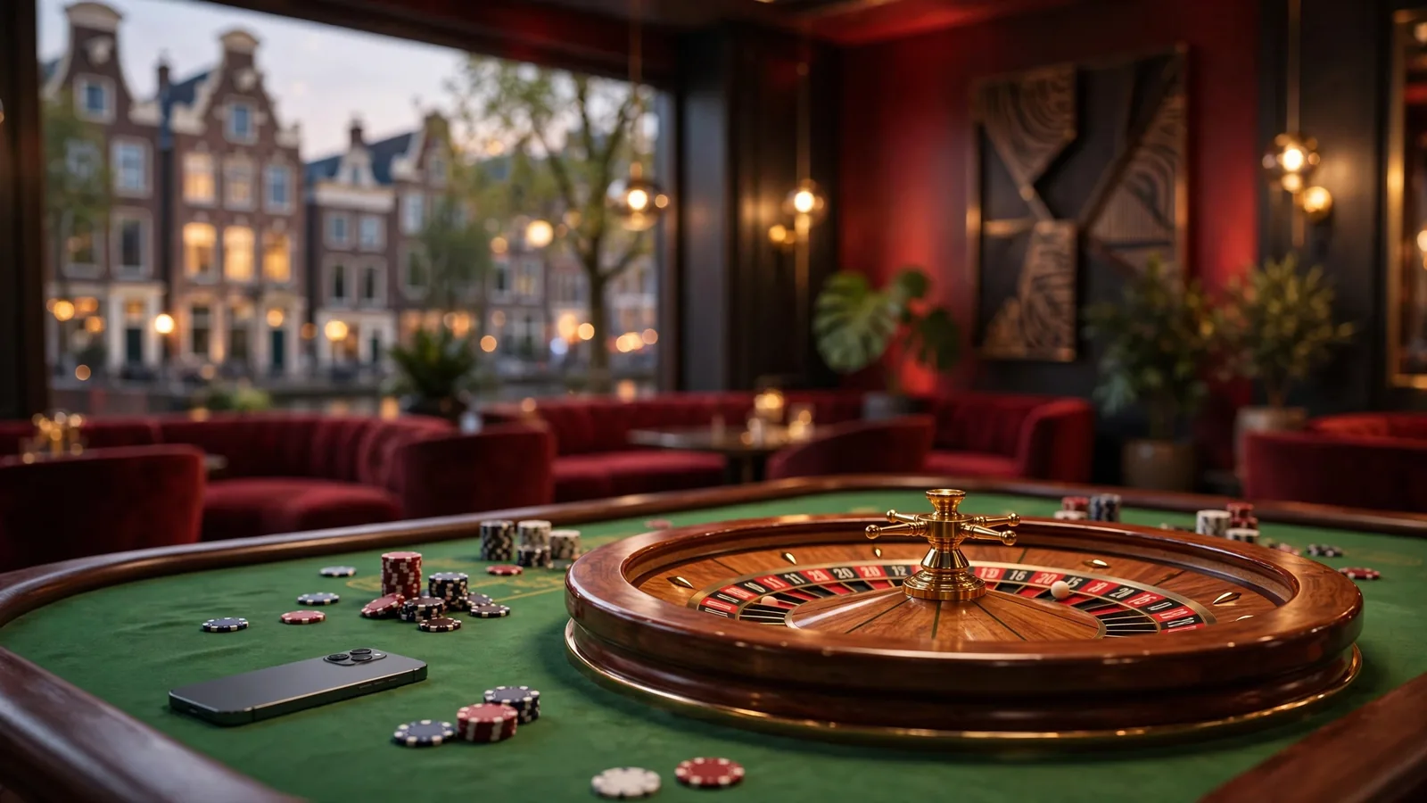 Stijlvolle casino lounge met roulettewiel en pokermunten op een groene tafel