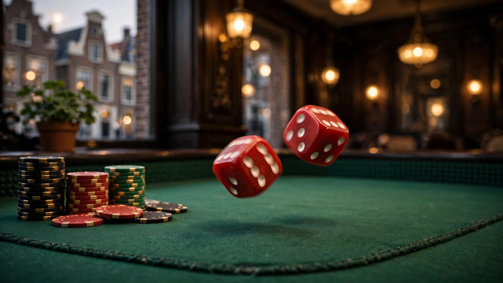 Twee rode dobbelstenen gerold op een groene craps-tafel met casinofiches