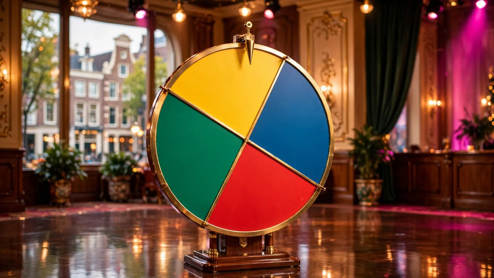 Groot kleurrijk spelrad van Crazy Time op een casino podium
