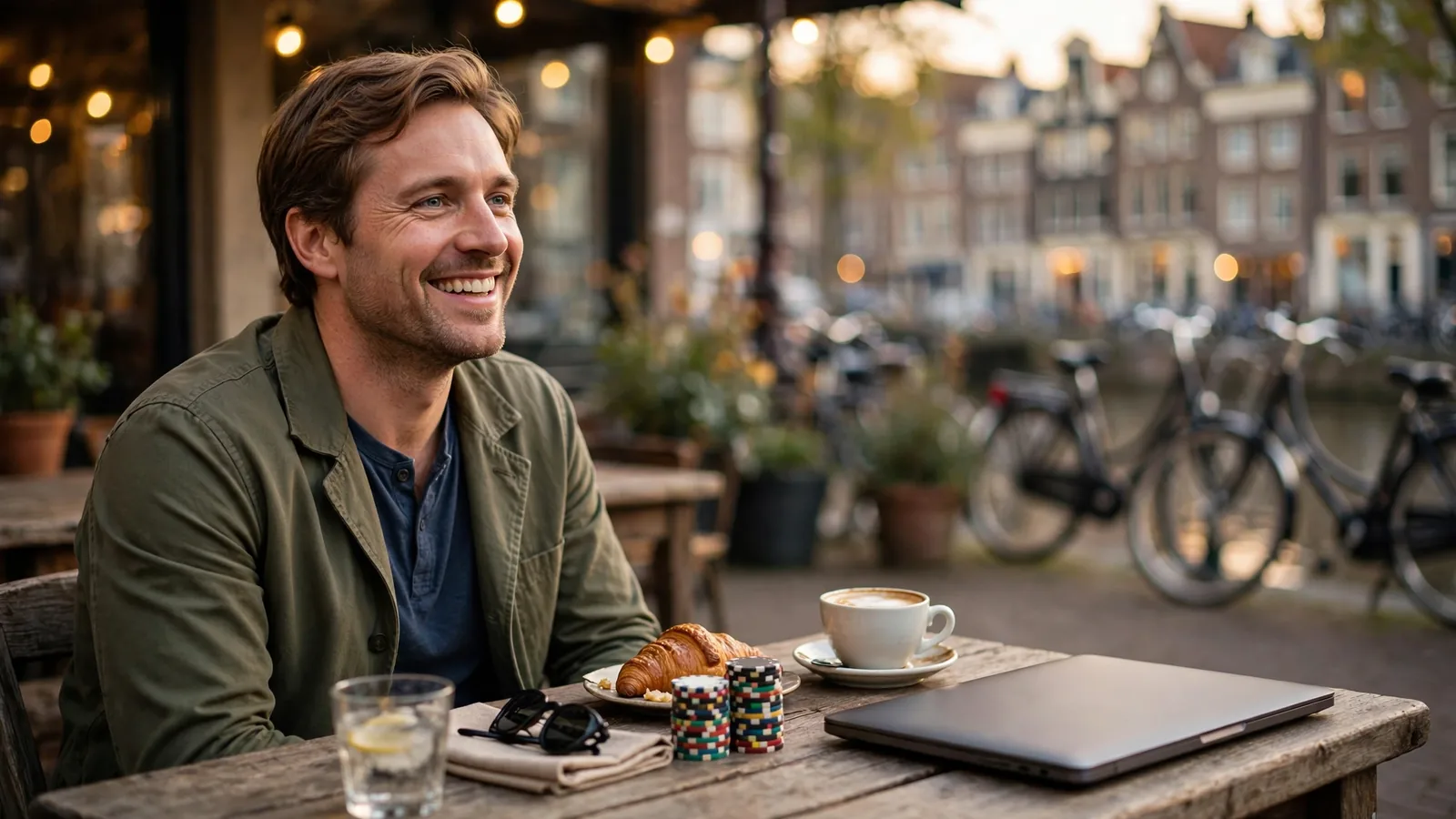 Nederlandse speler geniet van een ontspannen sfeer met casino-fiches en gesloten laptop.